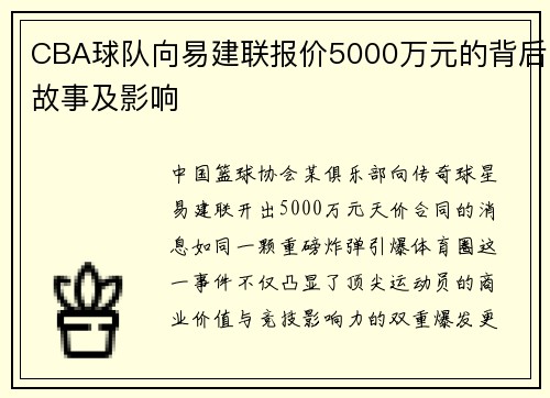 CBA球队向易建联报价5000万元的背后故事及影响