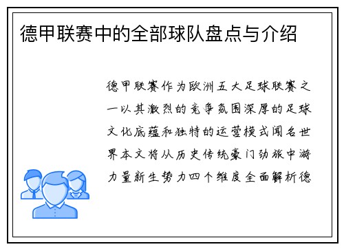 德甲联赛中的全部球队盘点与介绍